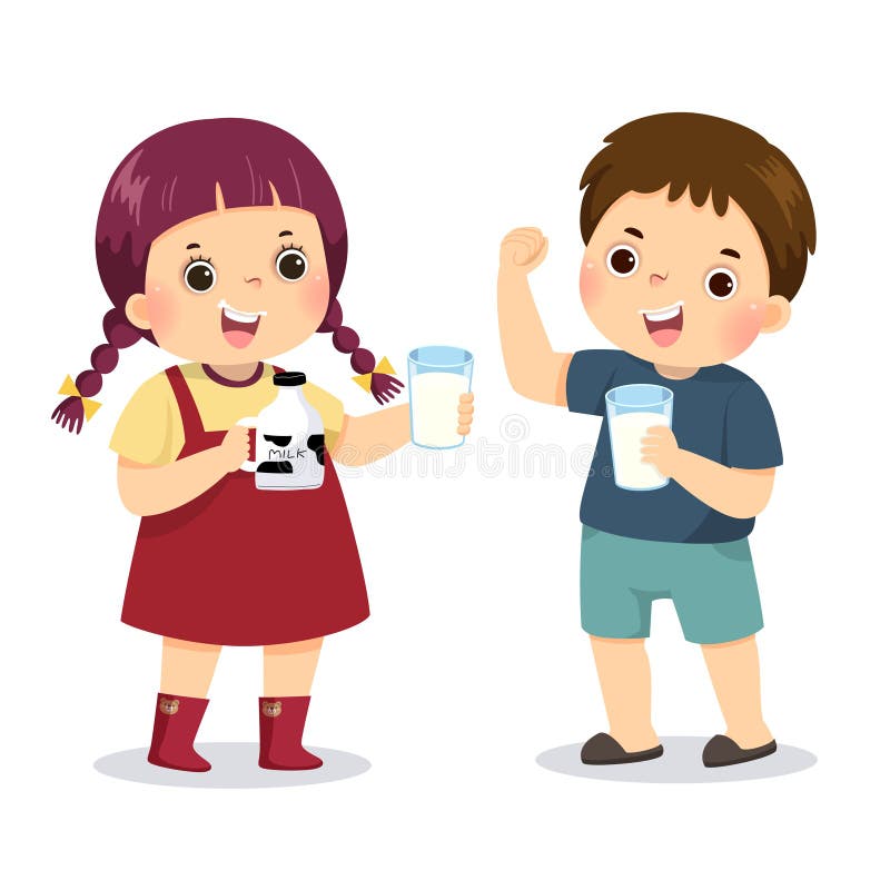 En teckning av en liten pojke som håller mjölk och visar sin styrka med en flicka som dricker mjölk