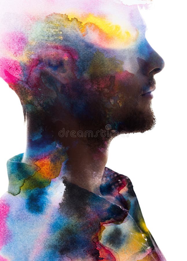En texturerad målningsprofilbild av en ung man med vattenfärg royaltyfri foto