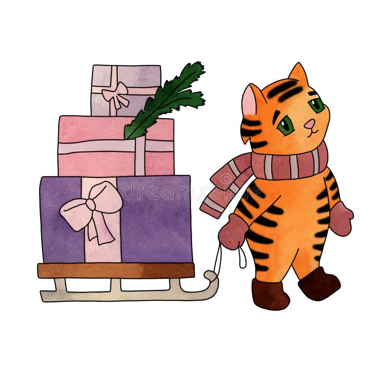 En tiger bär en slang med tre presentboxar royaltyfri illustrationer