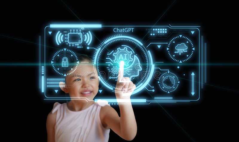 En tjej chattar med smart ai eller artificiell intelligens med hjälp av en virtuell skärm med en intelligent chatbot som utvecklat arkivfoton