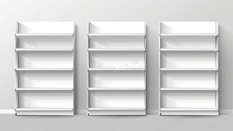 Blank mockup of store promotion equipment on an empty supermarket shelf with product racks. Realistic 3D modern illustration set of bookcase stand.. AI generated. Blank mockup of store promotion equipment on an empty supermarket shelf with product racks. Realistic 3D modern illustration set of bookcase stand.. AI generated