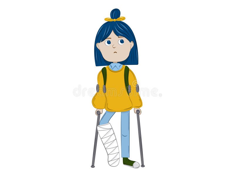 En tonårsflicka på full höjd med ett brutet ben i gips använder sig av krutcher. stock illustrationer