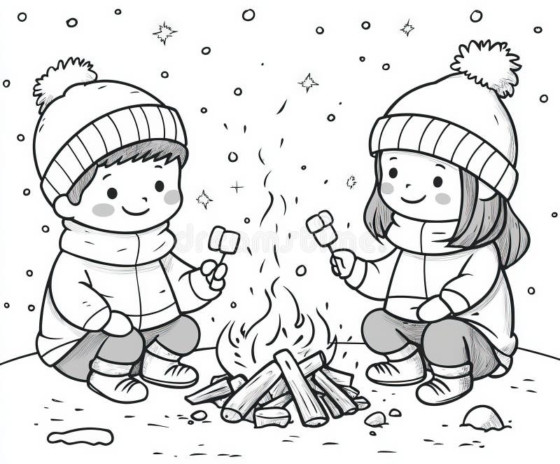 En trevlig brasa med vänner som rostar marshmallow-färgsida för barn - en enkel illustration. Färgbok. vektor illustrationer