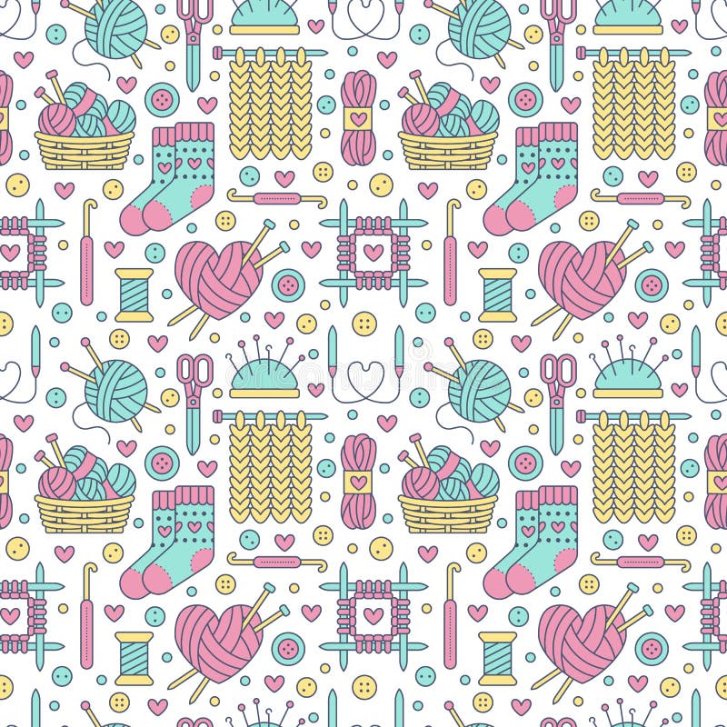 Knitting, crochet seamless pattern. Cute vector flat line illustration of hand made equipment knitting needle, hook, wool, cotton skeins. Colored background for yarn tailor store. Knitted with love. Knitting, crochet seamless pattern. Cute vector flat line illustration of hand made equipment knitting needle, hook, wool, cotton skeins. Colored background for yarn tailor store. Knitted with love.