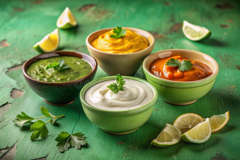 En trio av läckra dippsåser: Guacamole, Ranch och Gräddfil, Perfekt för alla tillfällen stock illustrationer