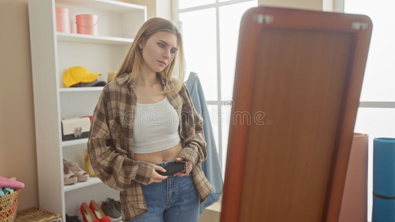 En tänksam ung kvinna står i ett sfärande klädrum och överväger modeval som speglas i en fulllängdsspegel arkivfoto