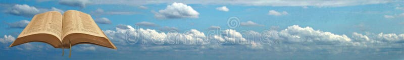 Photo of open holy bible header or footer strip set against a blue sky with clouds ideal for own text etc. Photo of open holy bible header or footer strip set against a blue sky with clouds ideal for own text etc.