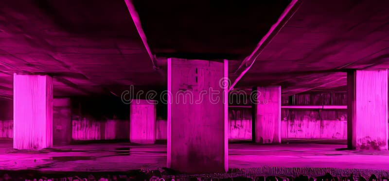 En un marco de cifi neoniluminado, una representación 3D representa una nave espacial en un túnel de hormigón grueso o corredor co stock de ilustración
