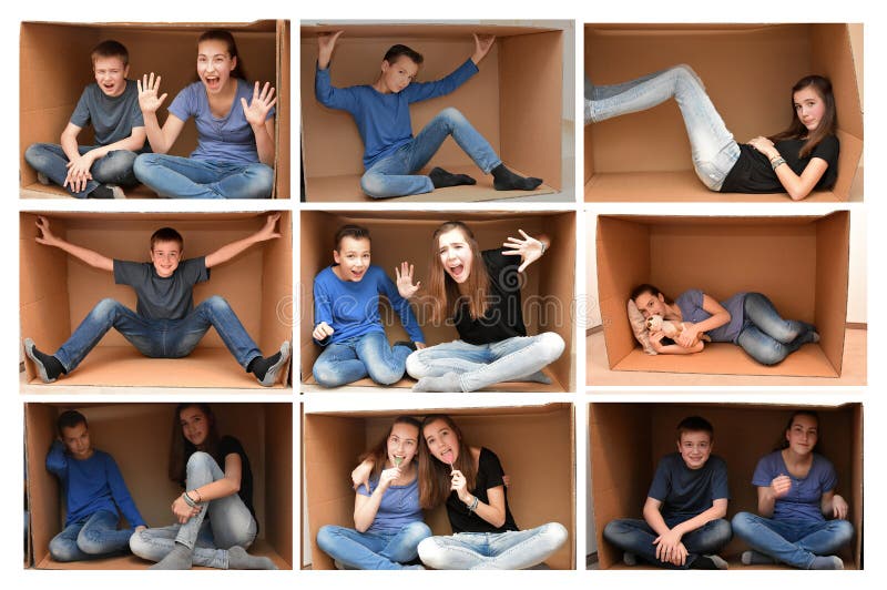 Teenagers in a cardboard box, collage. Teenagers in a cardboard box, collage