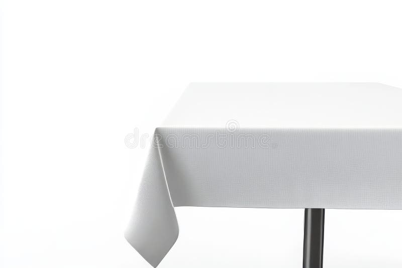 En una habitación blanca, una representación 3D representa una mesa vacía adornada con una tela blanca texturada que logra realism ilustración del vector