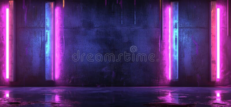 En una sala de un túnel oscuro con suelo brillante de cemento, una representación 3D representa un degradado azul brillante de neó libre illustration