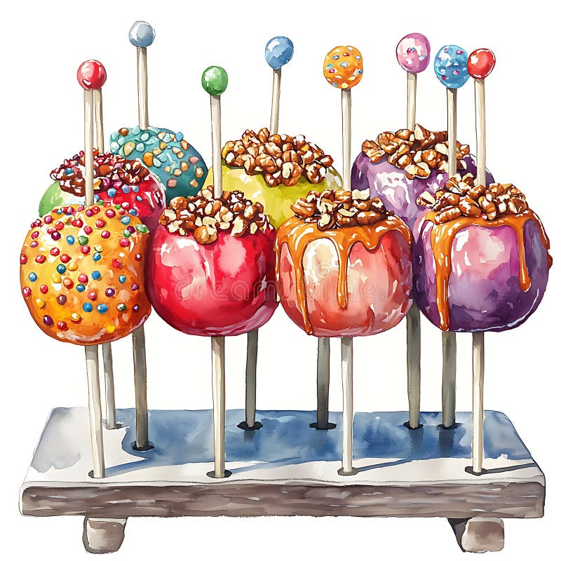 En underbar visning av karamelläpplen med olika toppingar En färgstark vattenfärgning av kandisäpplen på sticks perfekt vektor illustrationer