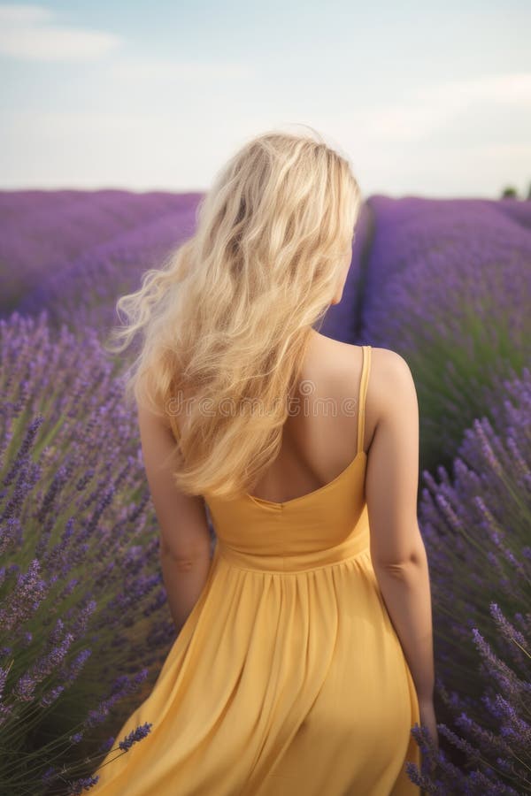 En ung blond kvinna i lavender-fältet glad karefree ai genererade vektor illustrationer