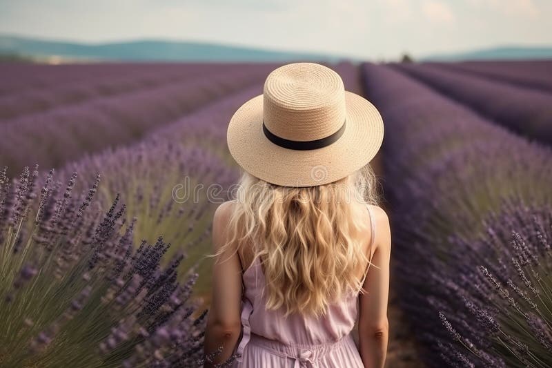 En ung blond kvinna i lavender-fältet glad karefree ai genererade stock illustrationer