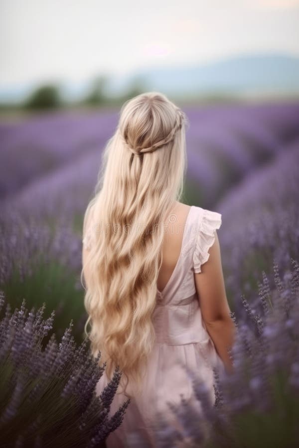 En ung blond kvinna i lavender-fältet glad karefree ai genererade royaltyfri illustrationer