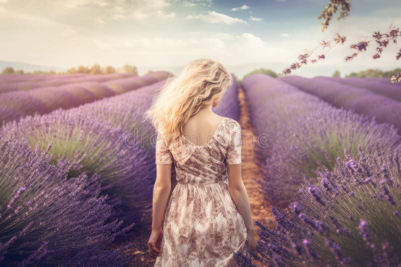 En ung blond kvinna i lavender-fältet glad karefree ai genererade vektor illustrationer