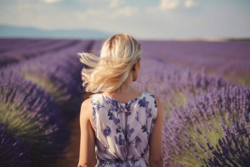 En ung blond kvinna i lavender-fältet glad karefree ai genererade stock illustrationer
