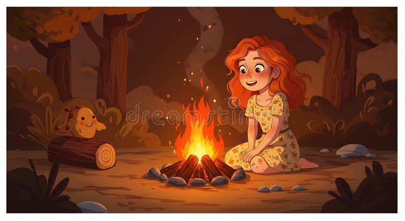 En ung flicka med rött hår som bär en florklänning på en campfire på natten på en royaltyfri illustrationer