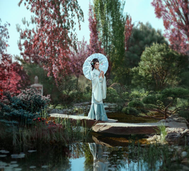 En ung japansk kvinna med långt svart hår som smyckas med Kandzashi, blommor och långa hårnålar med crystal pärlor går arkivbilder En ung japansk kvinna med långt svart hår som smyckas med Kandzashi, blommor och långa hårnålar med crystal pärlor går arkivbilder