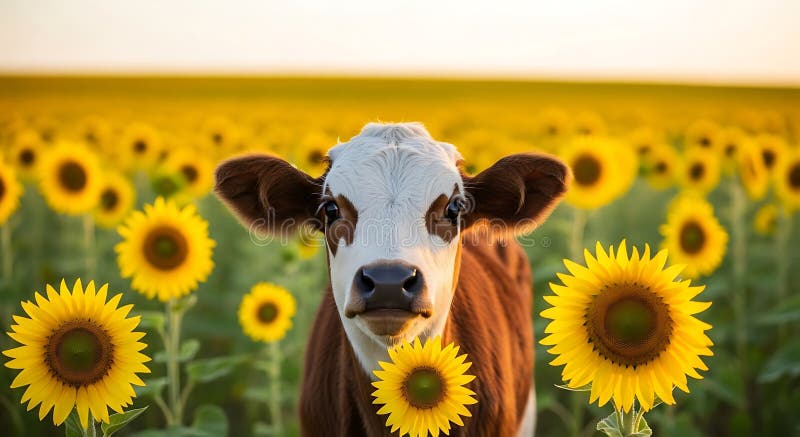 En ung kalv står i ett lush field av solblommor Helianthus annuus. Kalvpälsen stock illustrationer