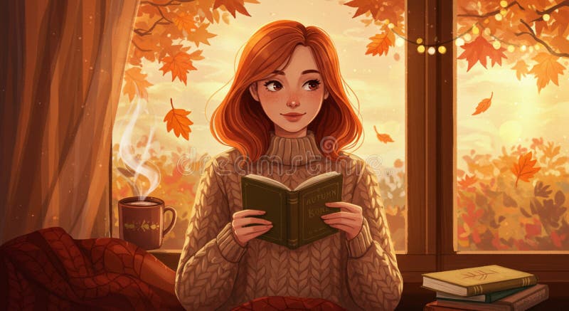 En ung kvinna med rött hår läser en bok medan hon sitter inomhus nära ett fönster. S royaltyfri illustrationer