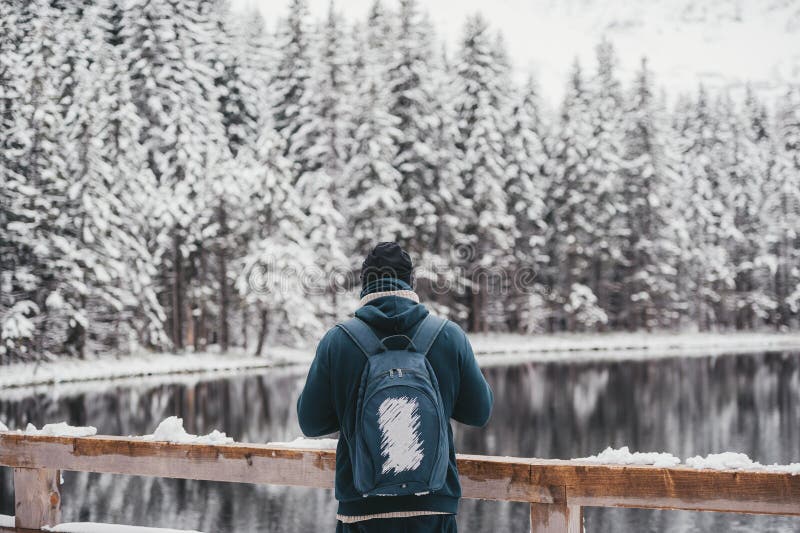 En ung manlig fotvandrare för man står framme av en vintersjö som ser till det snöig landskapet, bakre sikt fotografering för bildbyråer En ung manlig fotvandrare för man står framme av en vintersjö som ser till det snöig landskapet, bakre sikt fotografering för bildbyråer