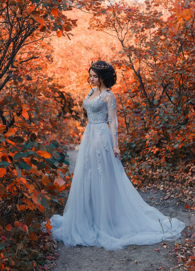 A young princess walks in a beautiful blue dress. The background is bright, golden autumn nature. Artistic Photography. A young princess walks in a beautiful blue dress. The background is bright, golden autumn nature. Artistic Photography