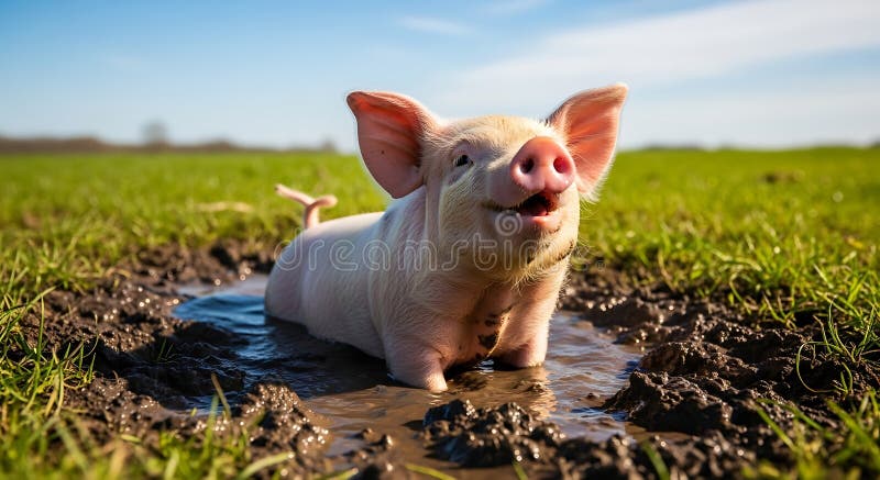 En ung spädgris med lätt rosa hud ligger med glädje i en grå puddle på ett grassligt sätt royaltyfri illustrationer