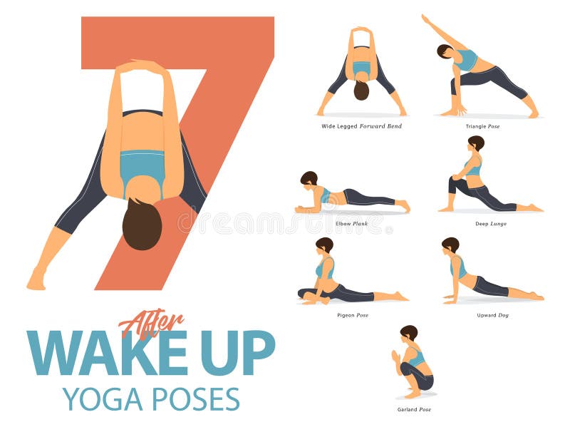 En uppsättning av kvinnliga diagram för yogaställingar för Infographic 7 yoga poserar för övning efter vaken upp i plan design ve stock illustrationer