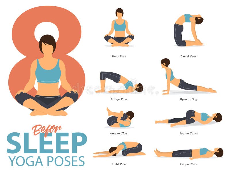 A set of yoga postures female figures for Infographic 8 Yoga poses for exercise before sleep in flat design. Vector Illustration. A set of yoga postures female figures for Infographic 8 Yoga poses for exercise before sleep in flat design. Vector Illustration.