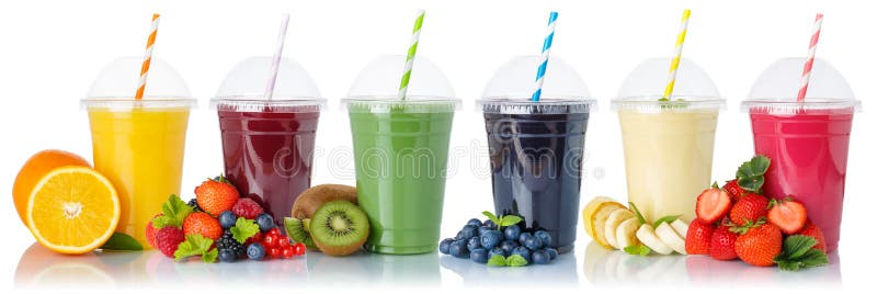 En uppsättning frukt-smooties-frukter-apelsinjuicetsugröt i en kopp isolerad på vitt arkivbild