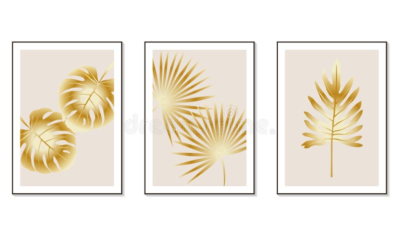 En uppsättning ritningar på väggen i botaniskt format. Golden tropical foliage. royaltyfri illustrationer
