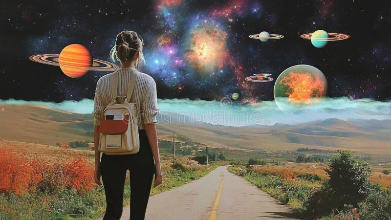 En utomjordisk Woman Daydreaming på en utlänningsplan under ett Cosmiskt luftrum i en ET High Dimensional Universe World Realm. Baksida av en vacker utomjordisk kvinna som bär ryggsäck i en kosmisk reveridagdröm med galaktiska planeter i främmande himmel. AI-genererad bild som skapats med stor kärlek av en Starseed.