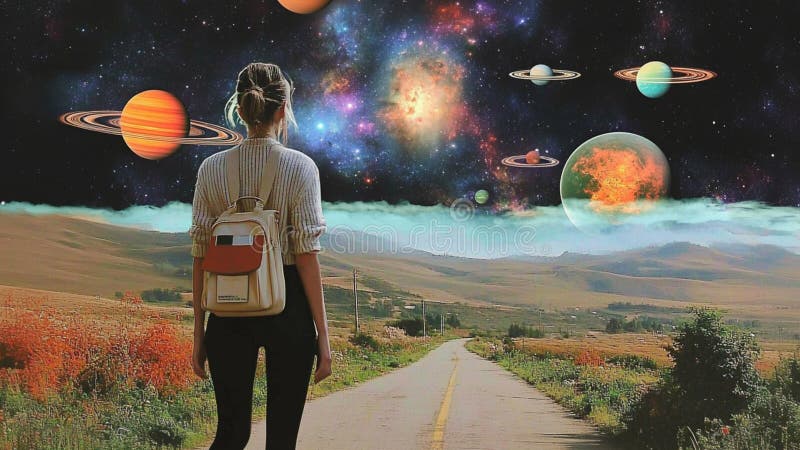 En utomjordisk Woman Daydreaming på en utlänningsplan under ett Cosmiskt luftrum i en ET High Dimensional Universe World Realm vektor illustrationer