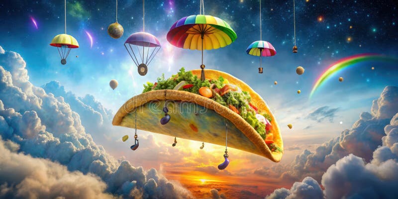 En utsökt kulinarisk färd genom en fantastisk himmel med färgfulla fallskärmar och berömda kroppar. Generativ AI vektor illustrationer