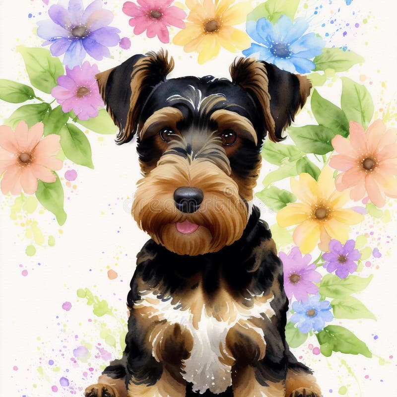 En vacker, airedale, skräckhund. vattenfärgmålning. dynamisk elegans. generativ ai stock illustrationer