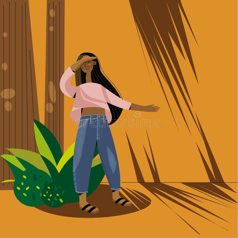 En vacker flicka med långt svart hår i jeans täcker ansiktet från solen stock illustrationer