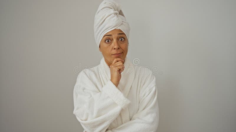 En vacker historisk kvinna i mitten i en vit robe isolerad över en vit bakgrund arkivfoto