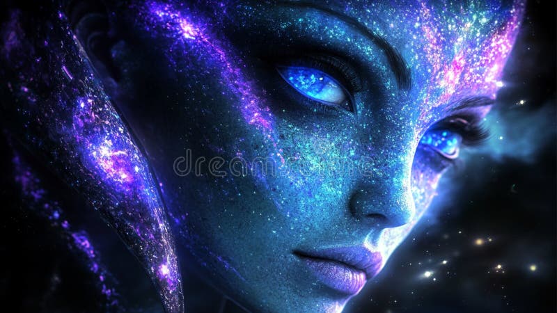 En vacker, human kvinnlig utomjording med blå hud i en kosmisk bakgrund stock illustrationer