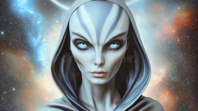 En vacker, human kvinnlig utomjording med grå hud i en kosmisk bakgrund vektor illustrationer