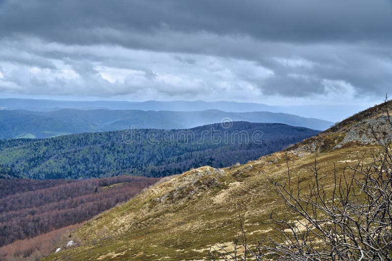 En vacker panoramisk mystisk syn på skogen i Bieszczadbergen i Polen på en mistregn vårdag, naturen. En vacker panoramisk mystisk syn på skogen i Bieszczady-bergen Polen på en mistregn vårdag, naturen är ensam - utan människor