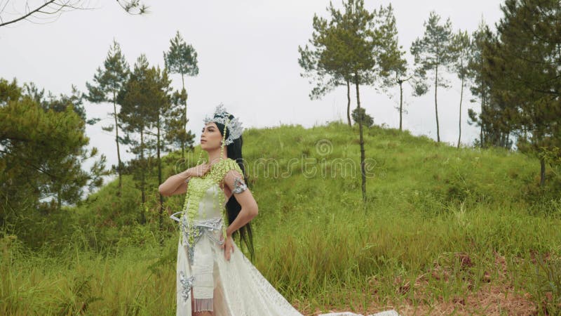 En vacker prinsessa i en vit klänning och en krona på huvudet som går i en skugga