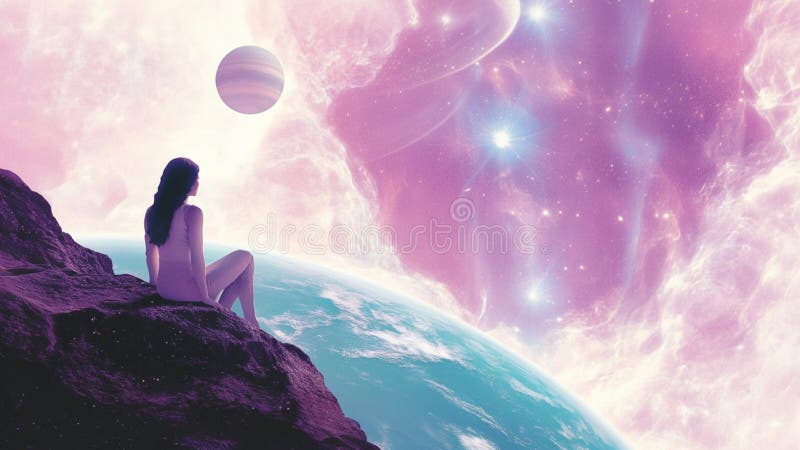 En vacker, stjärnfrisk flicka som drömmer i en fantastisk, kosmisk, rosa universum med söta, mjuka stjärnor, nebuloser och planete vektor illustrationer