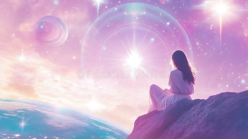 En vacker, stjärnfrisk flicka som drömmer i en fantastisk, kosmisk, rosa universum med söta, mjuka stjärnor, nebuloser och planete royaltyfri illustrationer