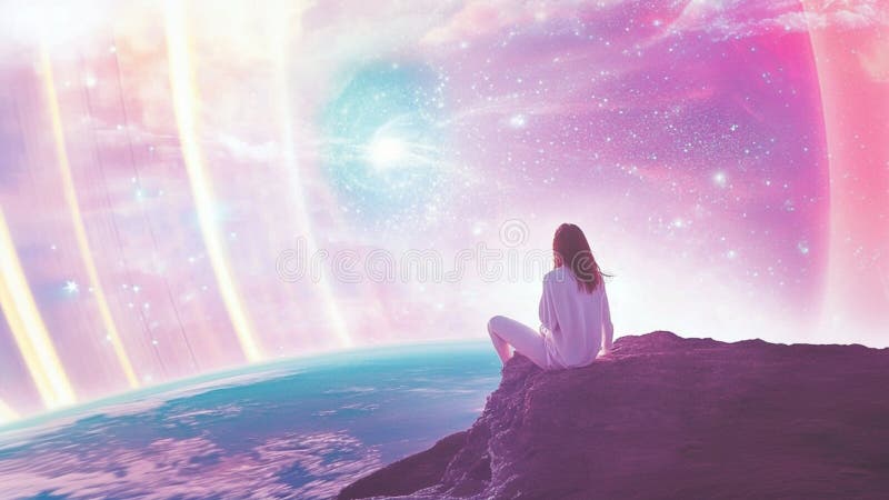 En vacker, stjärnfrisk flicka som drömmer i en fantastisk, kosmisk, rosa universum med söta, mjuka stjärnor, nebuloser och planete stock illustrationer