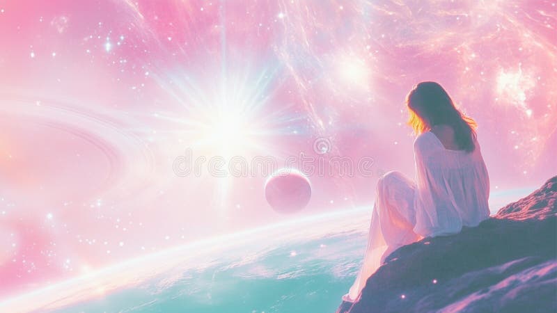 En vacker, stjärnfrisk flicka som drömmer i en fantastisk, kosmisk, rosa universum med söta, mjuka stjärnor, nebuloser och planete stock illustrationer