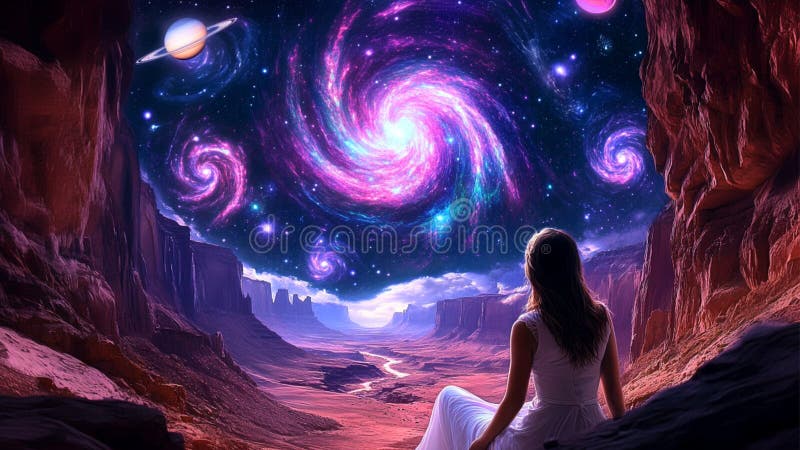 En vacker, stjärnfrusen flicka som drömmer i en fantastisk, kosmisk, lila universum-bakgrund med stjärnornas konstellation nebulol stock illustrationer