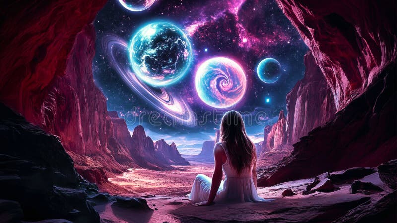 En vacker, stjärnfrusen flicka som drömmer i en fantastisk, kosmisk, lila universum-bakgrund med stjärnornas konstellation nebulol royaltyfri illustrationer