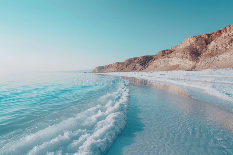 A beautiful beach with a large body of water and a rocky shoreline. The water is calm and the sky is clear and blue AI generated. A beautiful beach with a large body of water and a rocky shoreline. The water is calm and the sky is clear and blue AI generated