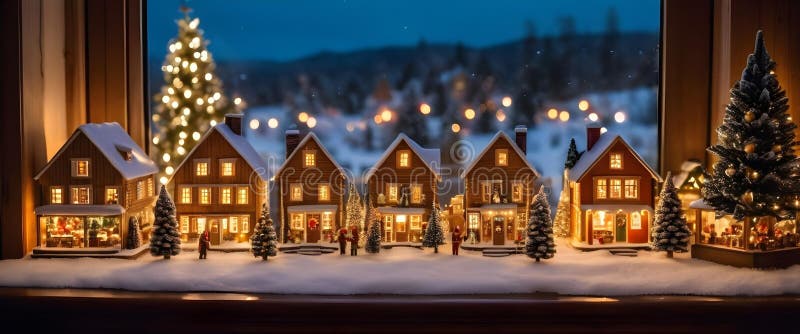 En vackert upplyst julbyminiatyr. ai genererad. En vackert upplyst julklapp på ett träbord nära fönstret med frostat glas och en syn på ett snötäckt landskap med minitationshus och små figurer som alla belyses med mjuka varma ljus.